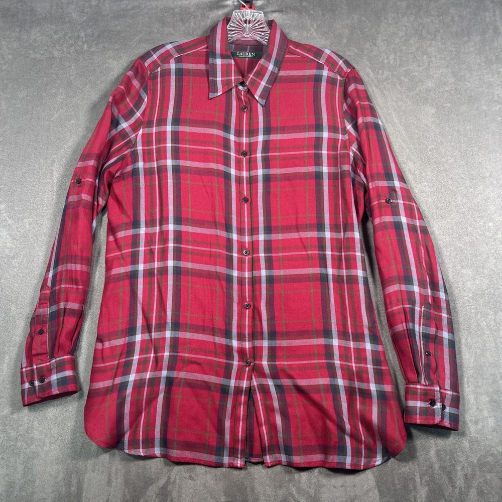 Lauren Ralph Lauren Plaid Shirt Western Rodeo Button Up M Red Roll Tab Sleeve